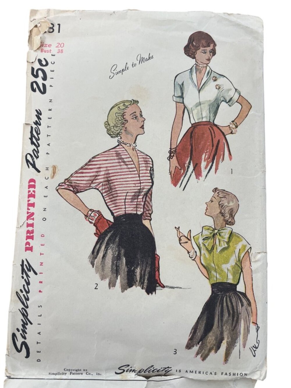 Vintage Simplicity 2831 Sewing Pattern Size 20 Misses Blouse Dressmaking CUT